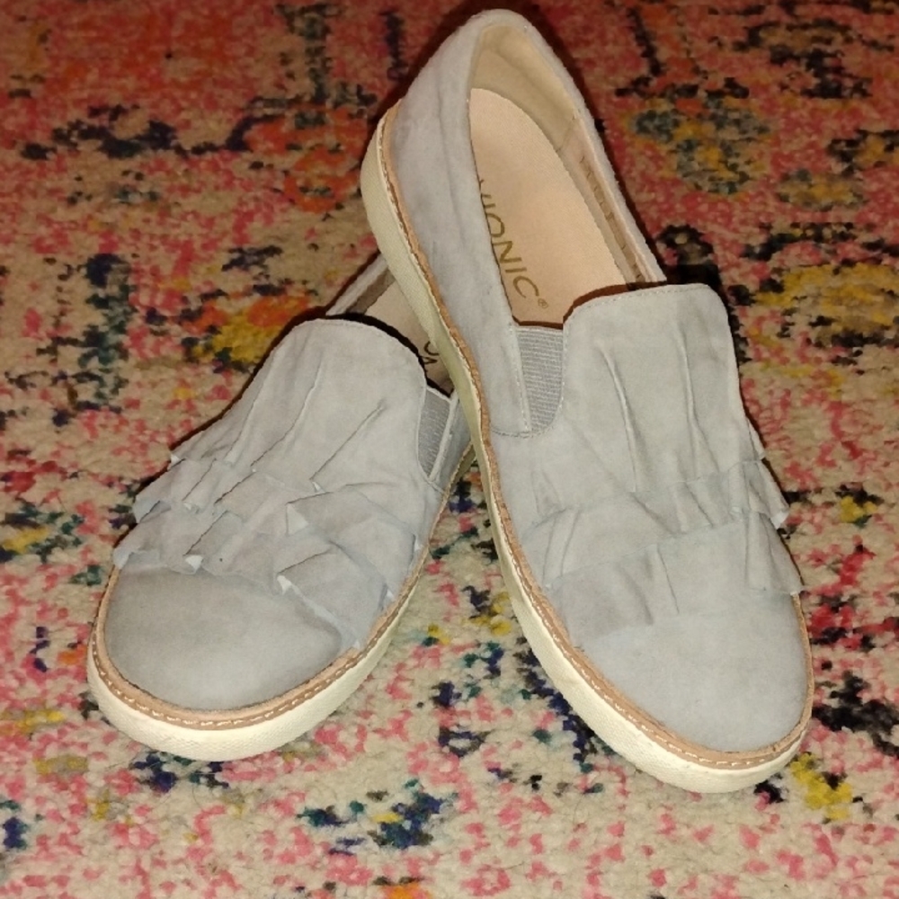 Vionic Light Gray Suede Fringe Slip-On Loafers